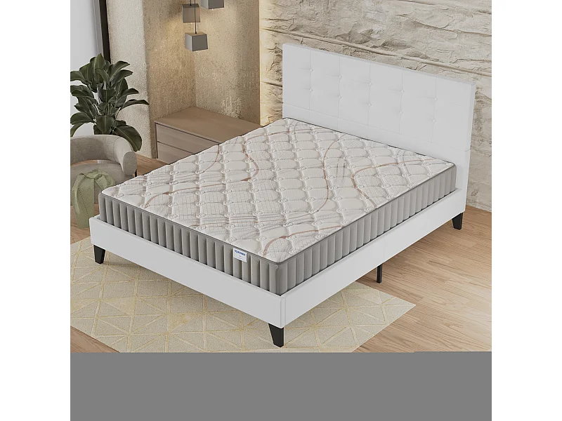 Ensemble matelas + lit 160x200 cm, matelas mousse accueil latex ép.22cm, lit à tête de lit capitonnée similicuir blanc