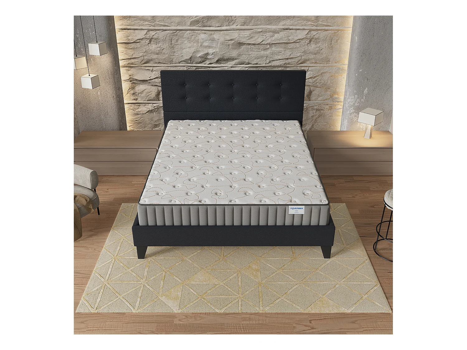 Ensemble Matelas + lit 140x200 cm, Matelas 22cm mousse + mémoire de forme, lit à tête de lit capitonnée similicuir noir