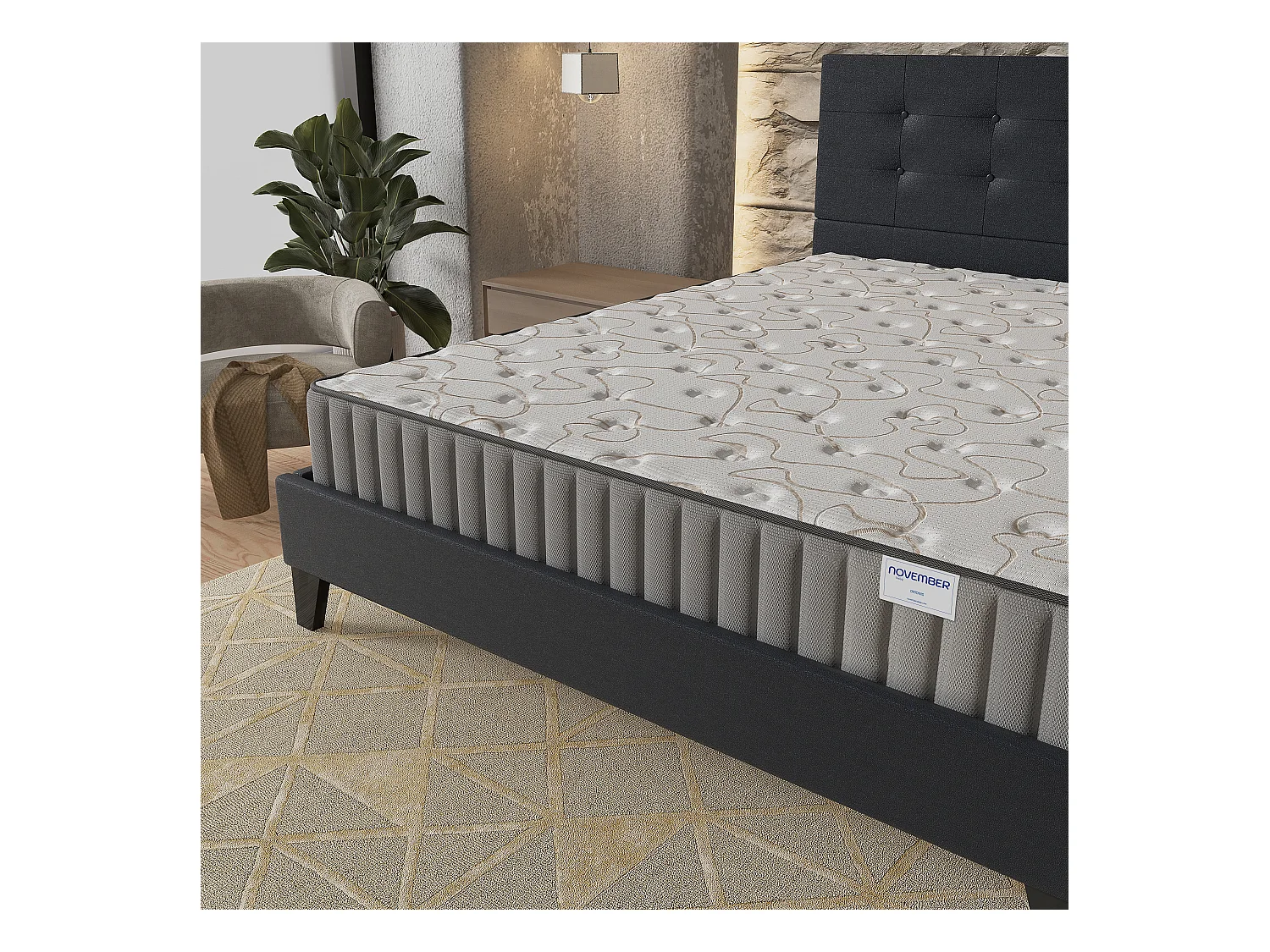 Ensemble Matelas + lit 140x200 cm, Matelas 22cm mousse + mémoire de forme, lit à tête de lit capitonnée similicuir noir