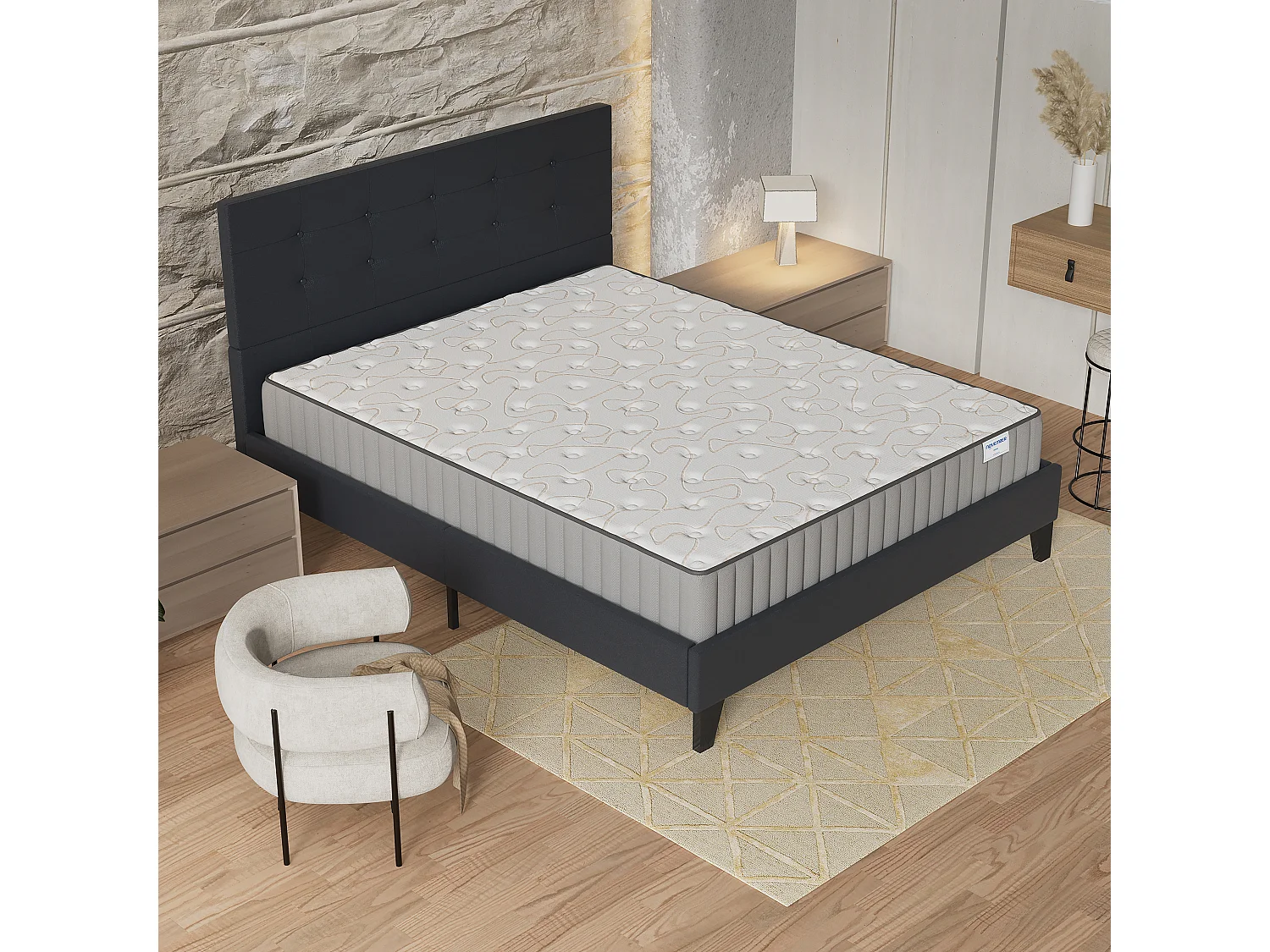 Ensemble Matelas + lit 140x200 cm, Matelas 22cm mousse + mémoire de forme, lit à tête de lit capitonnée similicuir noir