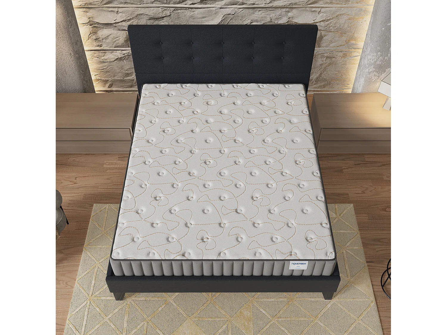 Ensemble Matelas + lit 140x200 cm, Matelas 22cm mousse + mémoire de forme, lit à tête de lit capitonnée similicuir noir