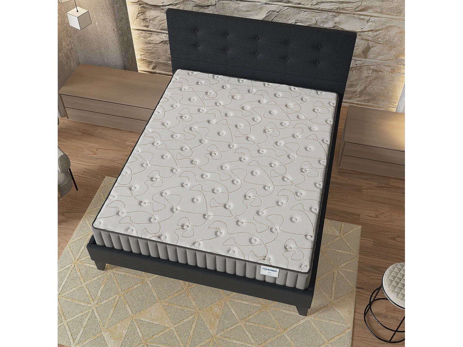 Ensemble Matelas + lit 140x200 cm, Matelas 22cm mousse + mémoire de forme, lit à tête de lit capitonnée similicuir noir