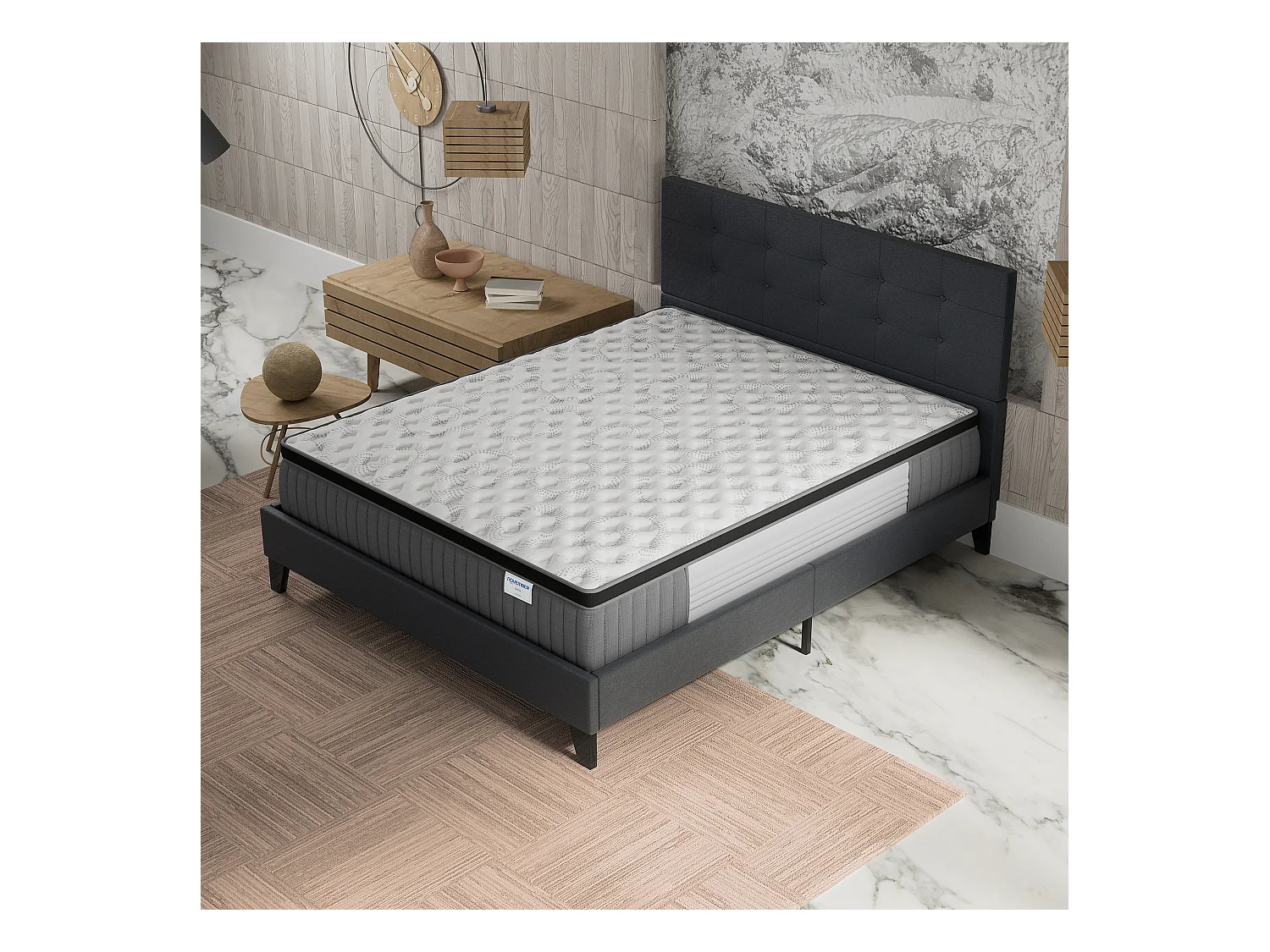 Ensemble matelas + lit 160x200 cm, matelas 30cm ressorts ensachés + mémoire de forme, lit à tête de lit capitonnée similicuir noir