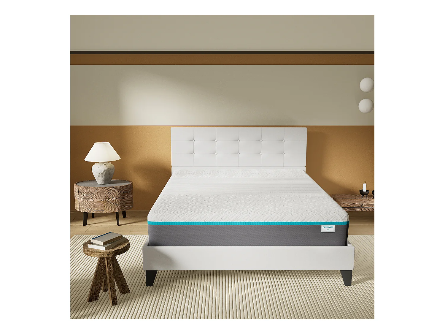 Ensemble 160x200 cm, lit avec tête de lit + Matelas mousse latex ép.28cm accueil à mémoire de forme