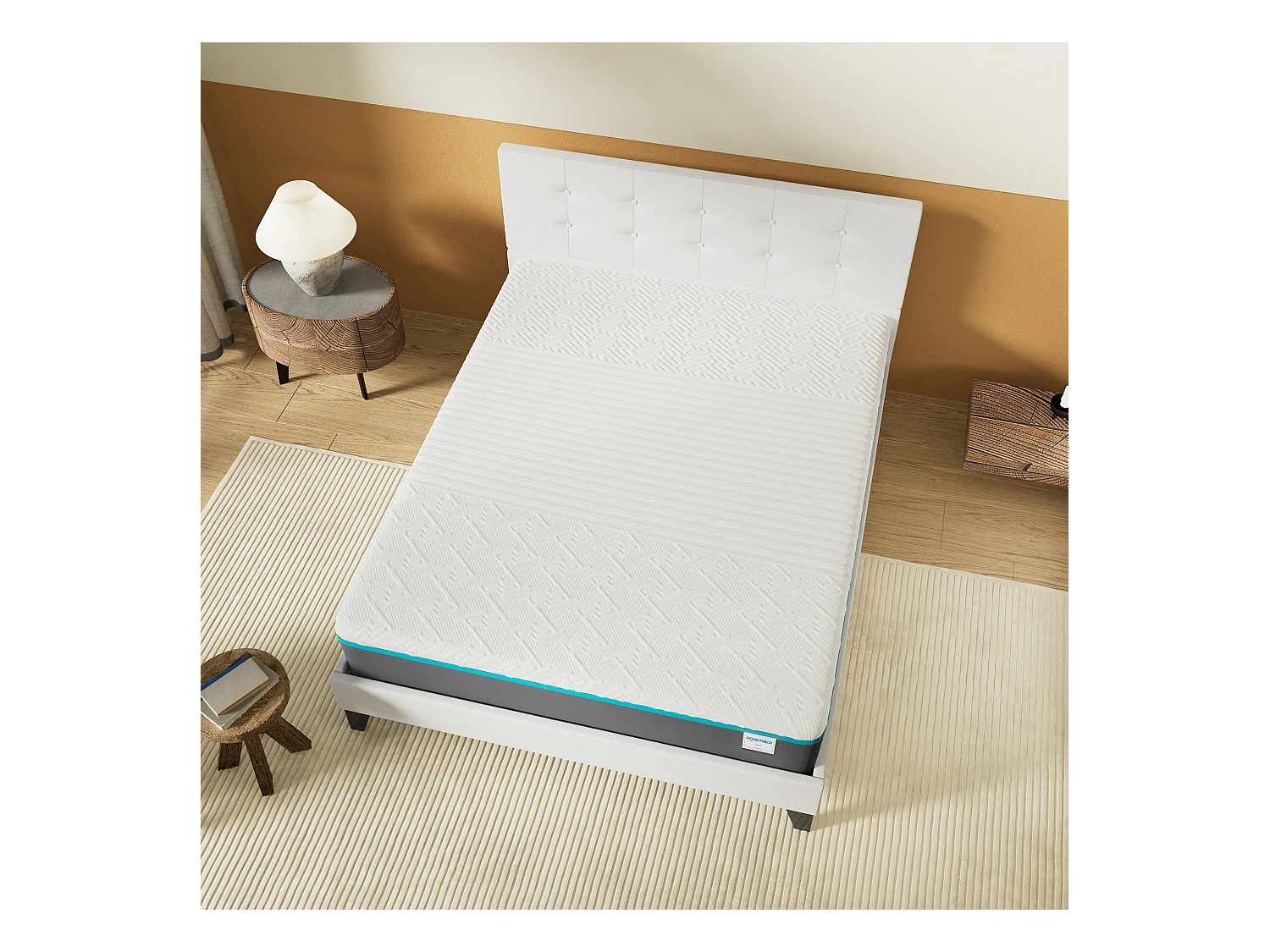 Ensemble 160x200 cm, lit avec tête de lit + Matelas mousse latex ép.28cm accueil à mémoire de forme