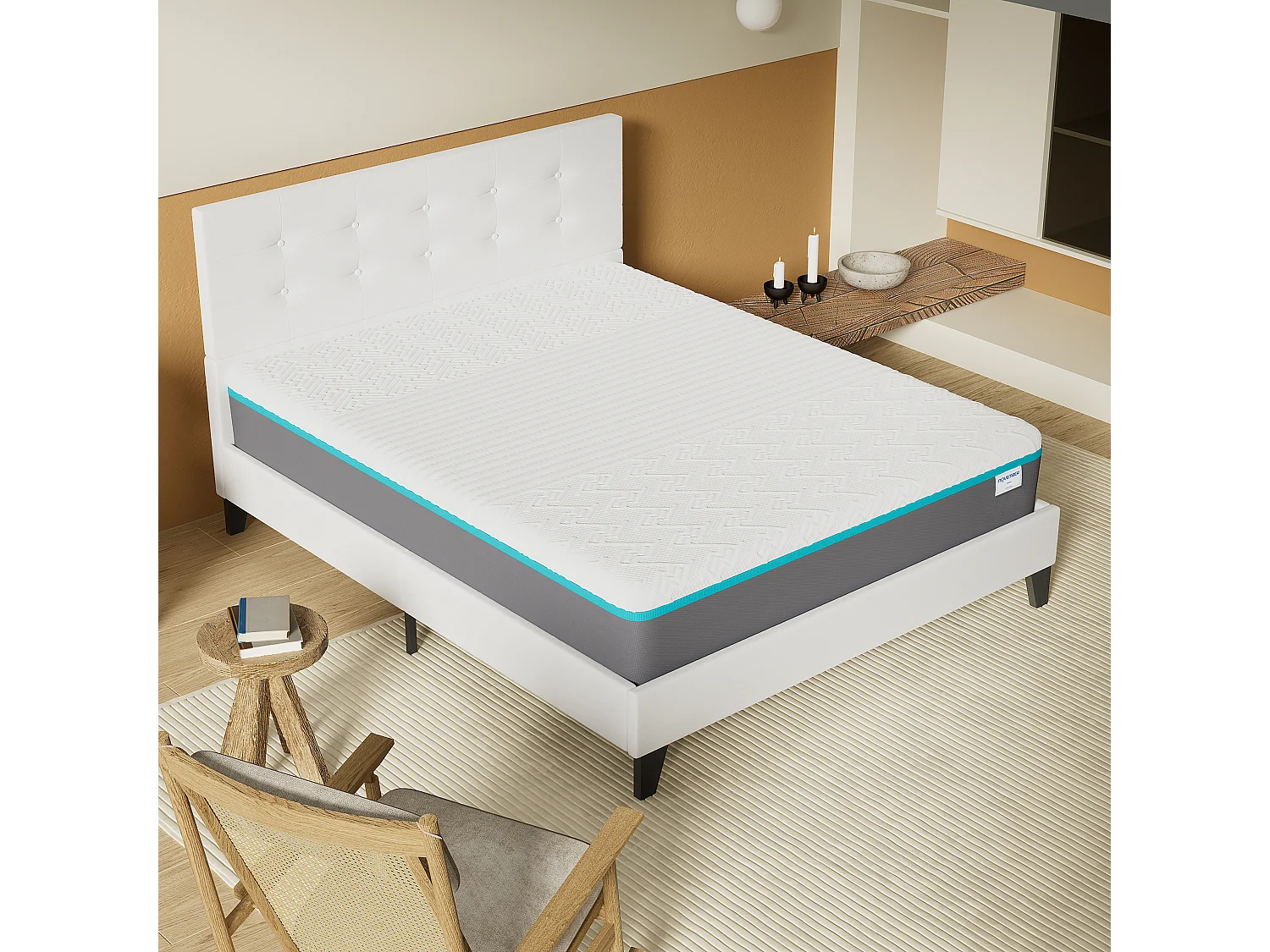 Ensemble 160x200 cm, lit avec tête de lit + Matelas mousse latex ép.28cm accueil à mémoire de forme