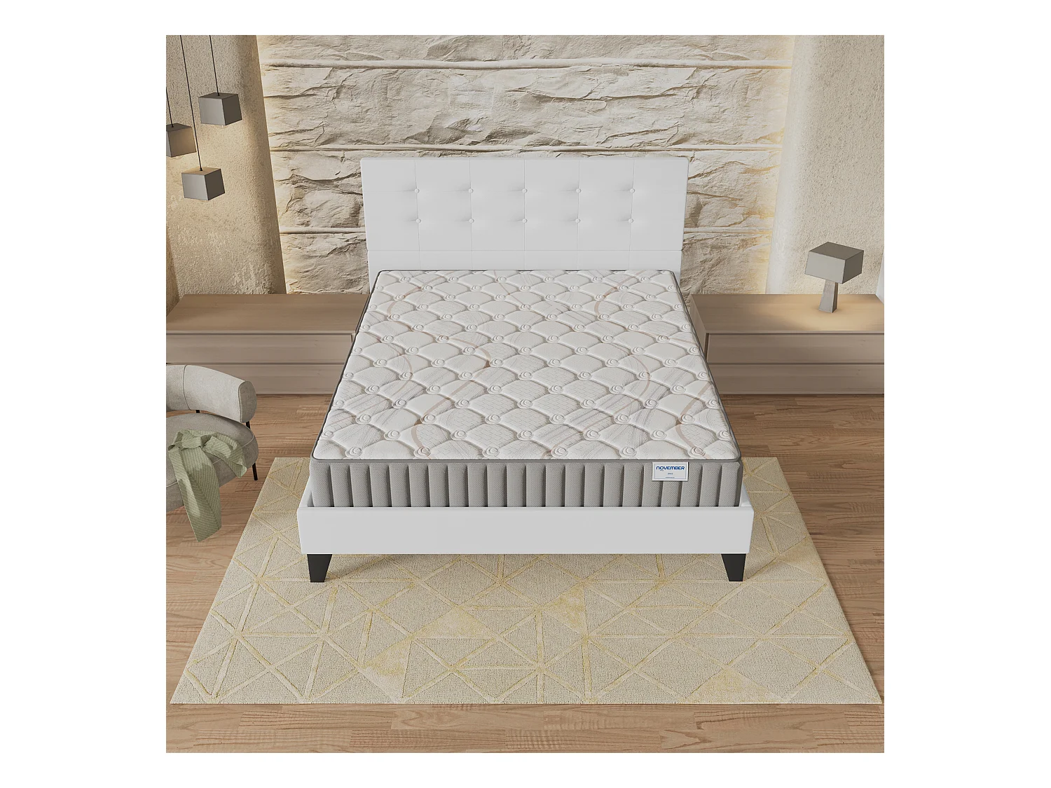 Ensemble matelas + lit 120x190 cm, matelas mousse accueil latex ép.16cm, lit à tête de lit capitonnée similicuir blanc