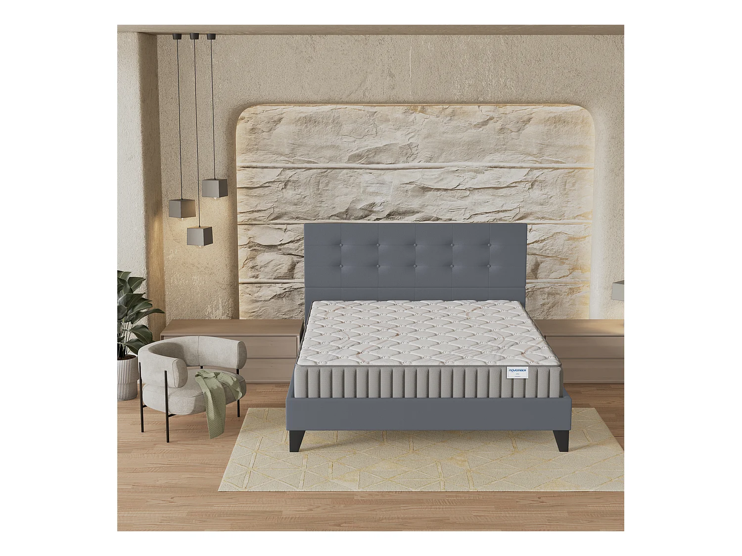 Ensemble matelas + lit 140x190 cm, matelas mousse accueil latex ép.16cm, lit à tête de lit capitonnée similicuir gris