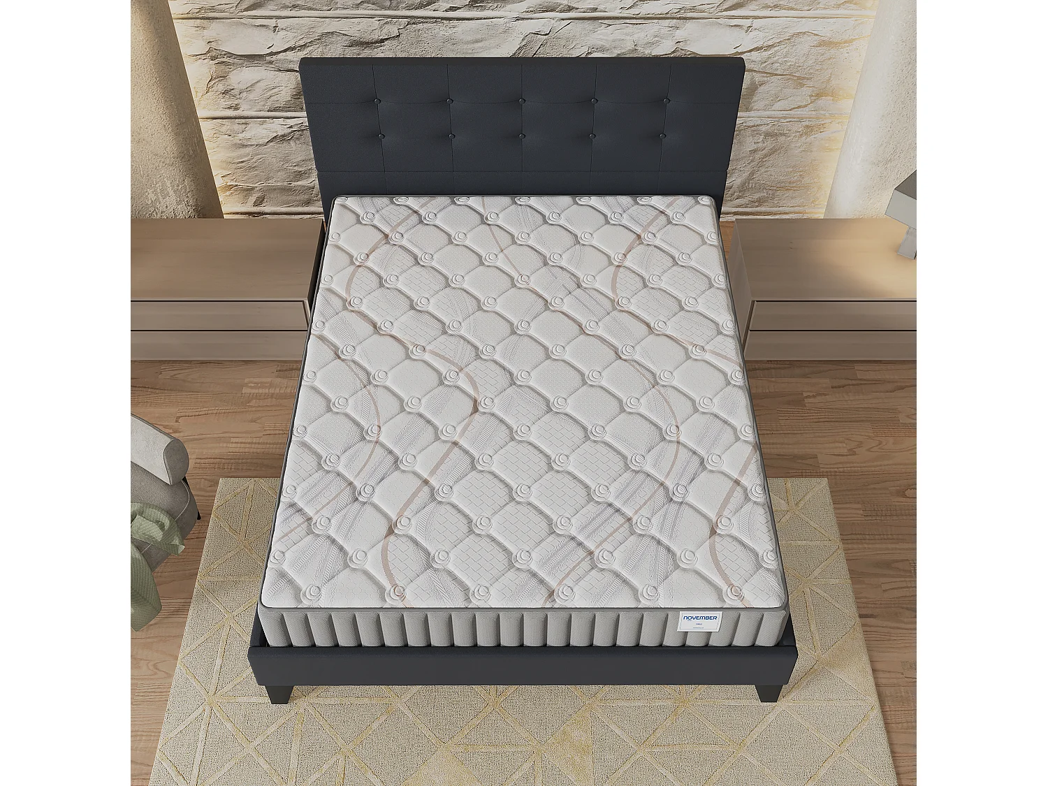 Ensemble matelas + lit 140x200 cm, matelas mousse accueil latex ép.16cm, lit à tête de lit capitonnée similicuir noir