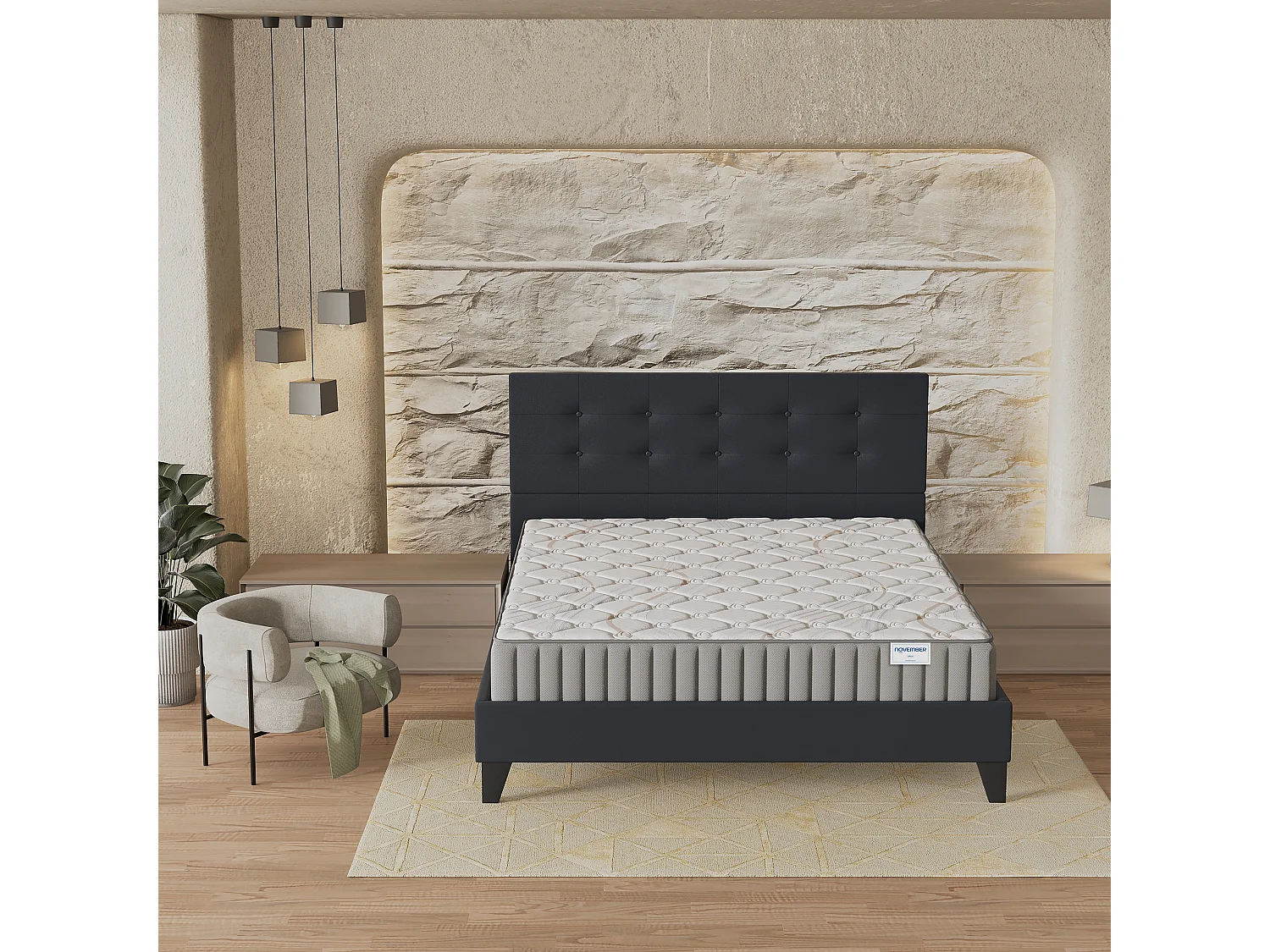 Ensemble matelas + lit 140x200 cm, matelas mousse accueil latex ép.16cm, lit à tête de lit capitonnée similicuir noir