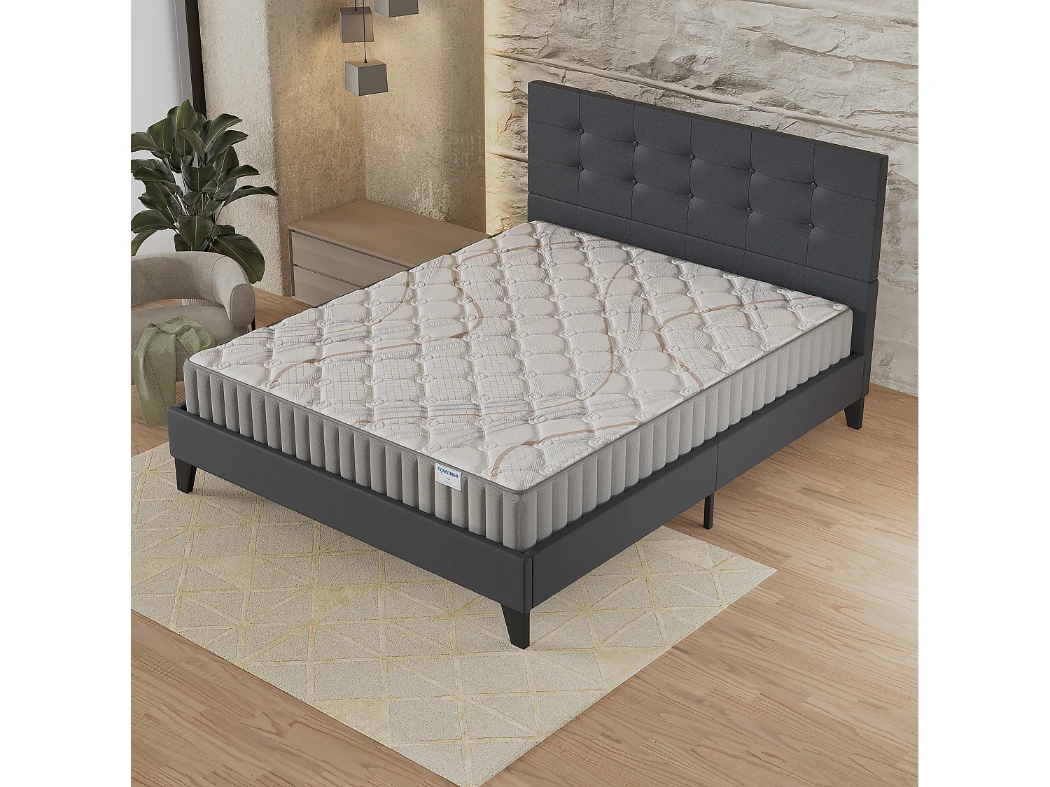 Ensemble matelas + lit 140x200 cm, matelas mousse accueil latex ép.16cm, lit à tête de lit capitonnée similicuir noir