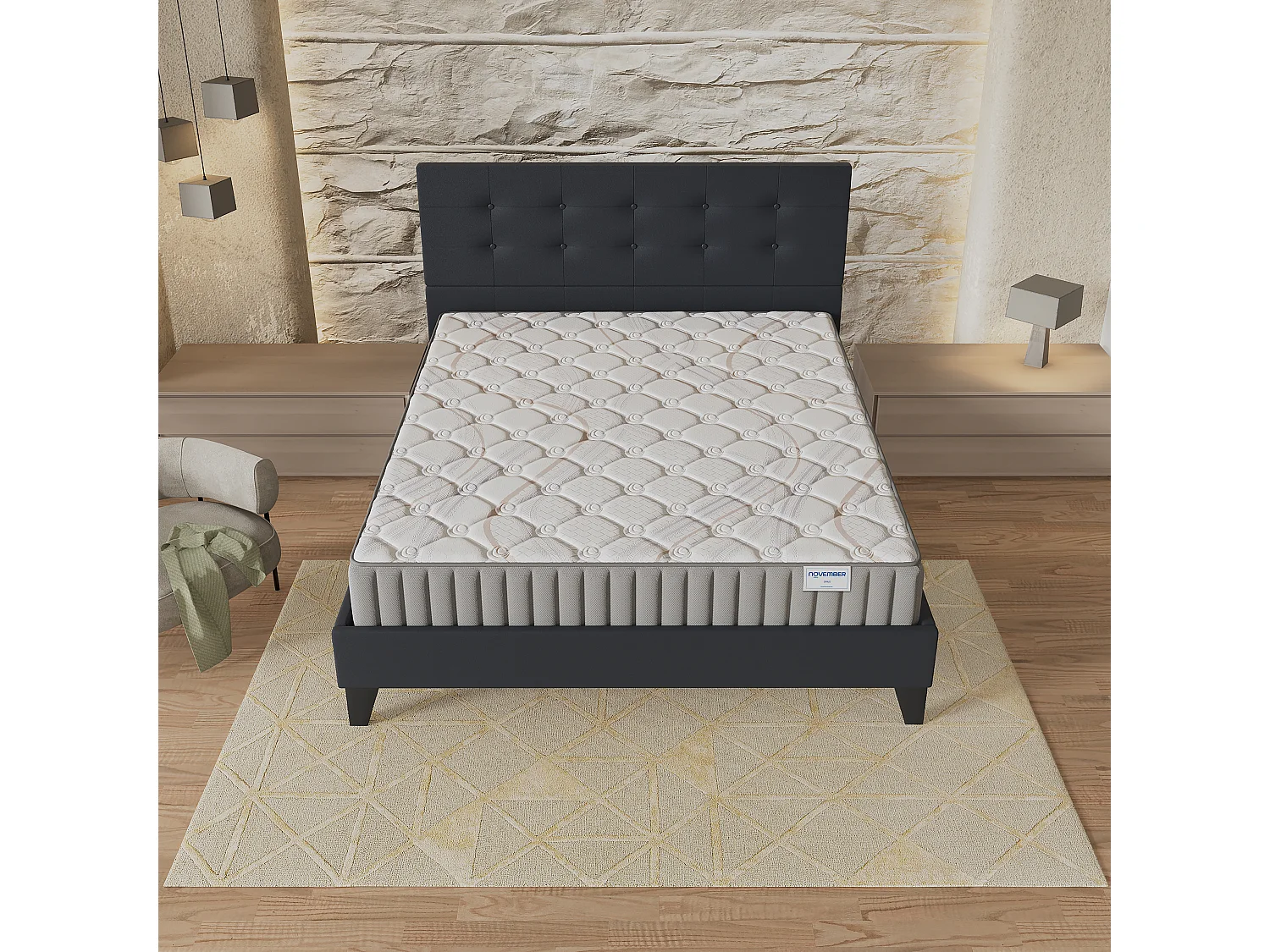 Ensemble matelas + lit 140x200 cm, matelas mousse accueil latex ép.16cm, lit à tête de lit capitonnée similicuir noir