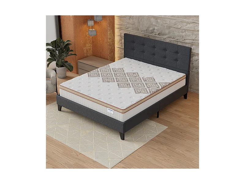 Ensemble Matelas + lit 160x200 cm, Matelas 28cm ressorts ensachés, accueil mousse, lit à tête de lit capitonnée similicuir noir