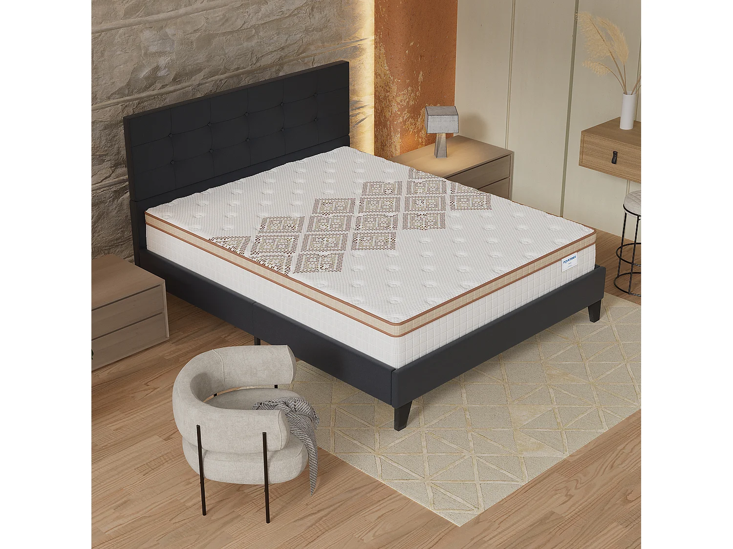Ensemble Matelas + lit 160x200 cm, Matelas 28cm ressorts ensachés, accueil mousse, lit à tête de lit capitonnée similicuir noir
