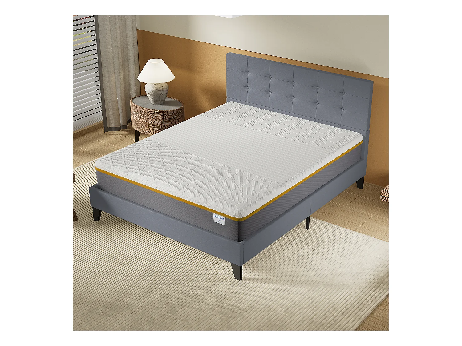 Ensemble 140x190 cm, lit avec tête de lit + Matelas mousse latex ép.28cm accueil à mémoire de forme