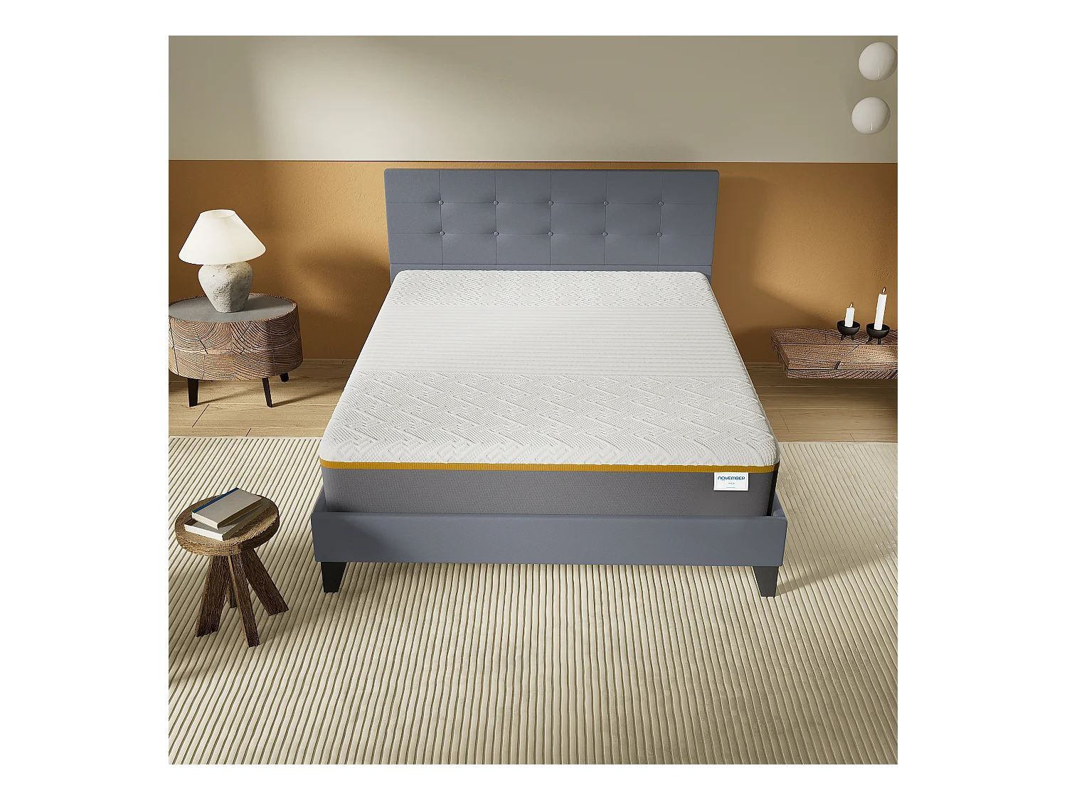 Ensemble 140x190 cm, lit avec tête de lit + Matelas mousse latex ép.28cm accueil à mémoire de forme