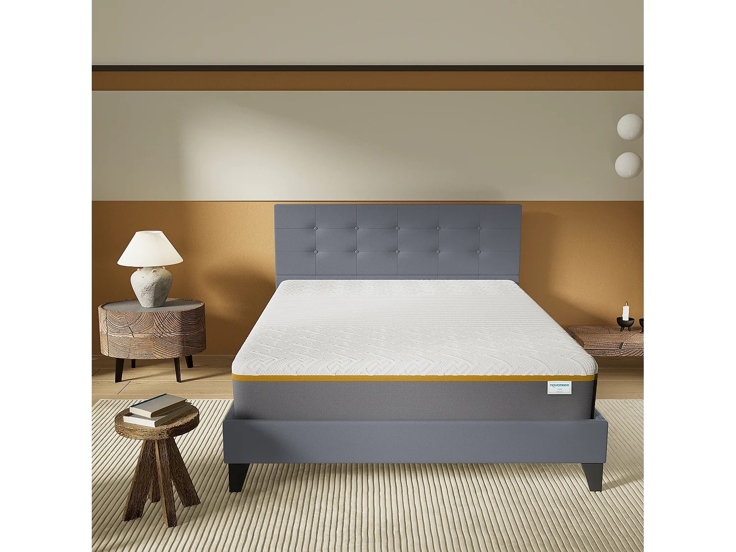 Ensemble 140x190 cm, lit avec tête de lit + Matelas mousse latex ép.28cm accueil à mémoire de forme