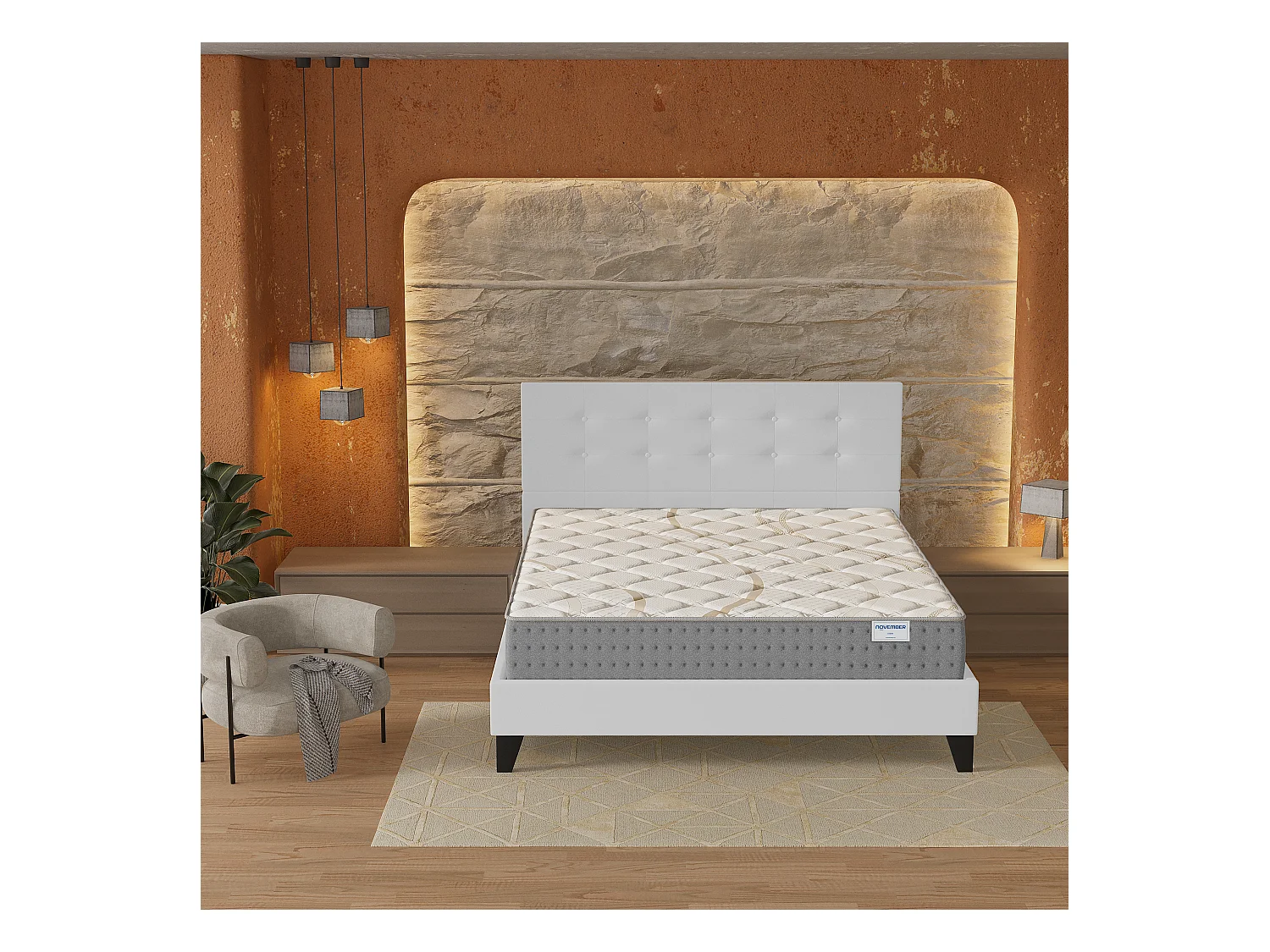 Ensemble 160x200 cm, lit avec tête de lit + matelas ressorts ensachés, ép.25cm accueil mousse HR