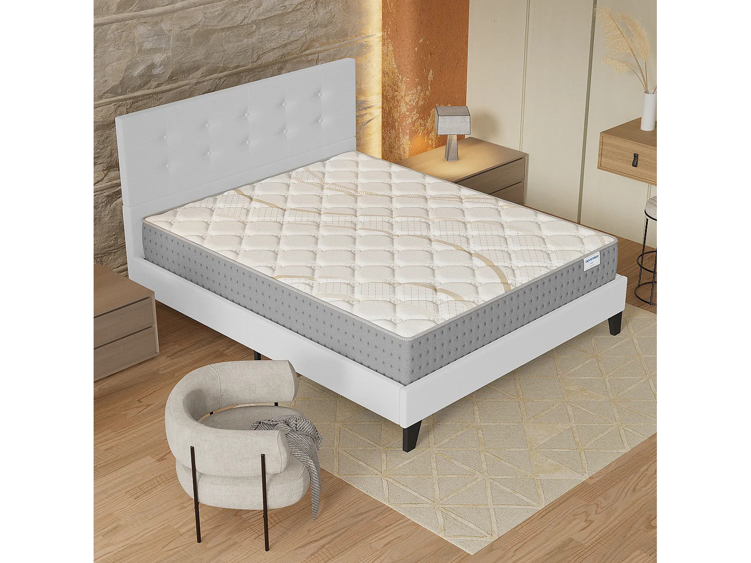 Ensemble 160x200 cm, lit avec tête de lit + matelas ressorts ensachés, ép.25cm accueil mousse HR