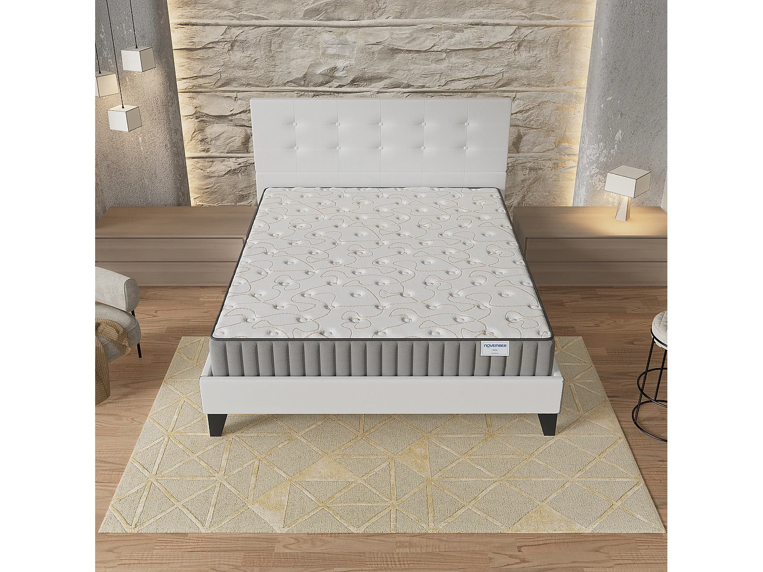 Ensemble matelas + lit 160x200 cm, matelas 16cm mousse + mémoire de forme, lit à tête de lit capitonnée similicuir blanc