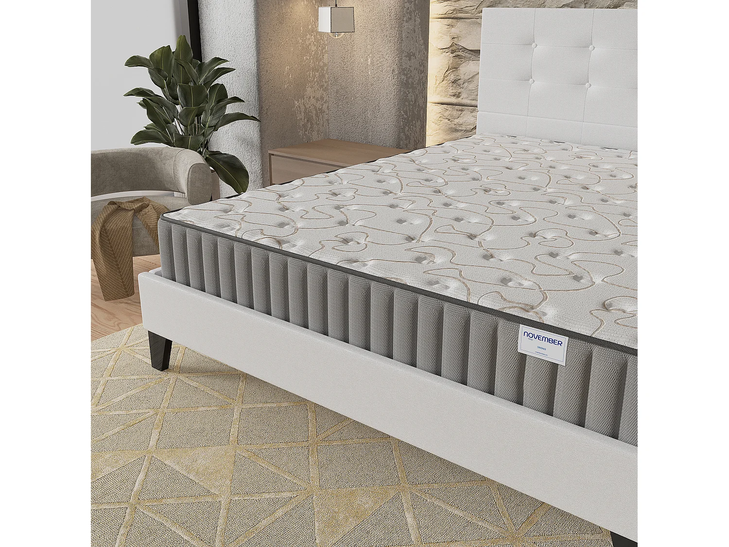 Ensemble matelas + lit 160x200 cm, matelas 16cm mousse + mémoire de forme, lit à tête de lit capitonnée similicuir blanc