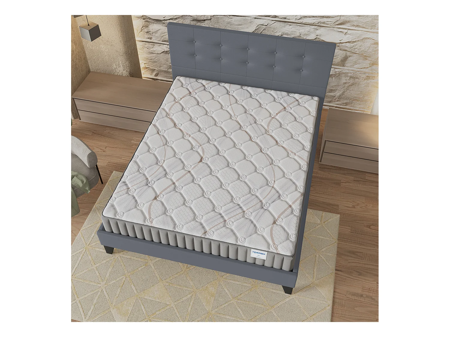 Ensemble matelas + lit 140x190 cm, matelas mousse accueil latex ép.22cm, lit à tête de lit capitonnée similicuir gris