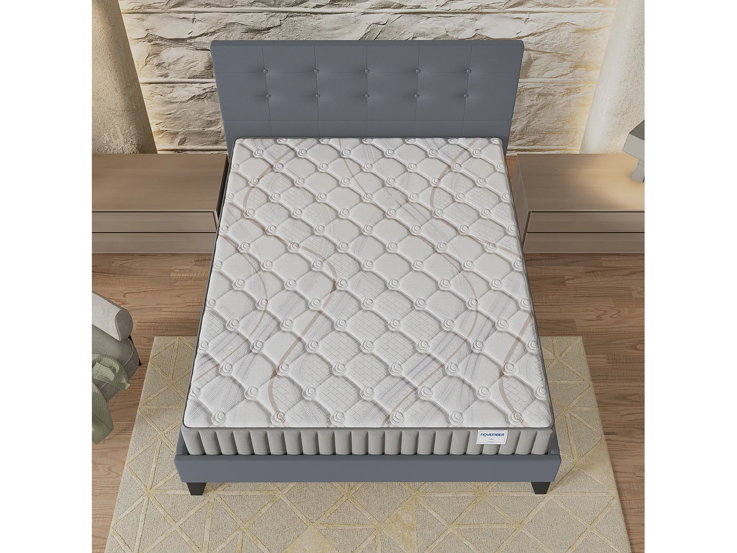 Ensemble matelas + lit 140x190 cm, matelas mousse accueil latex ép.22cm, lit à tête de lit capitonnée similicuir gris