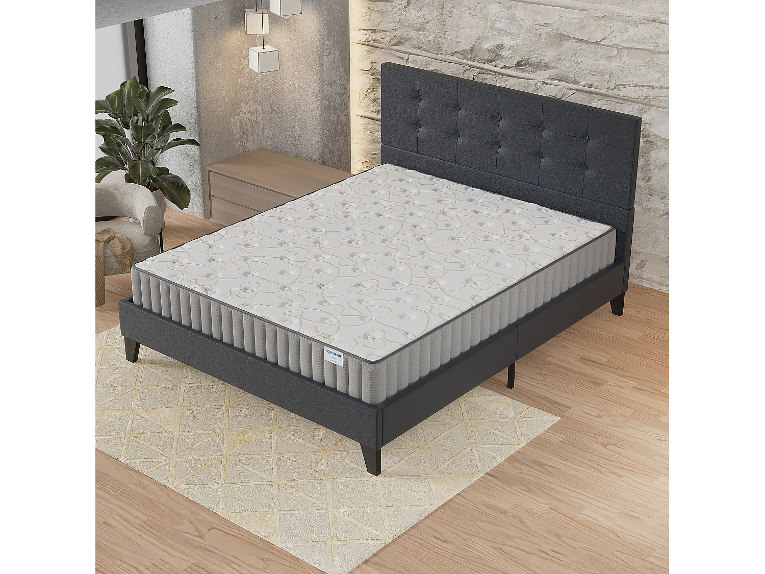 Ensemble Matelas + lit 140x190 cm, Matelas 22cm mousse + mémoire de forme, lit à tête de lit capitonnée similicuir noir