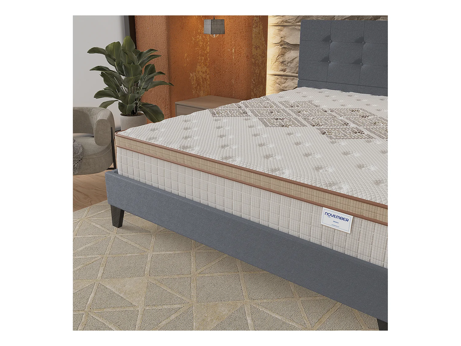 Ensemble matelas + lit 160x200 cm, matelas 28cm ressorts ensachés, accueil mousse, lit à tête de lit capitonnée similicuir gris
