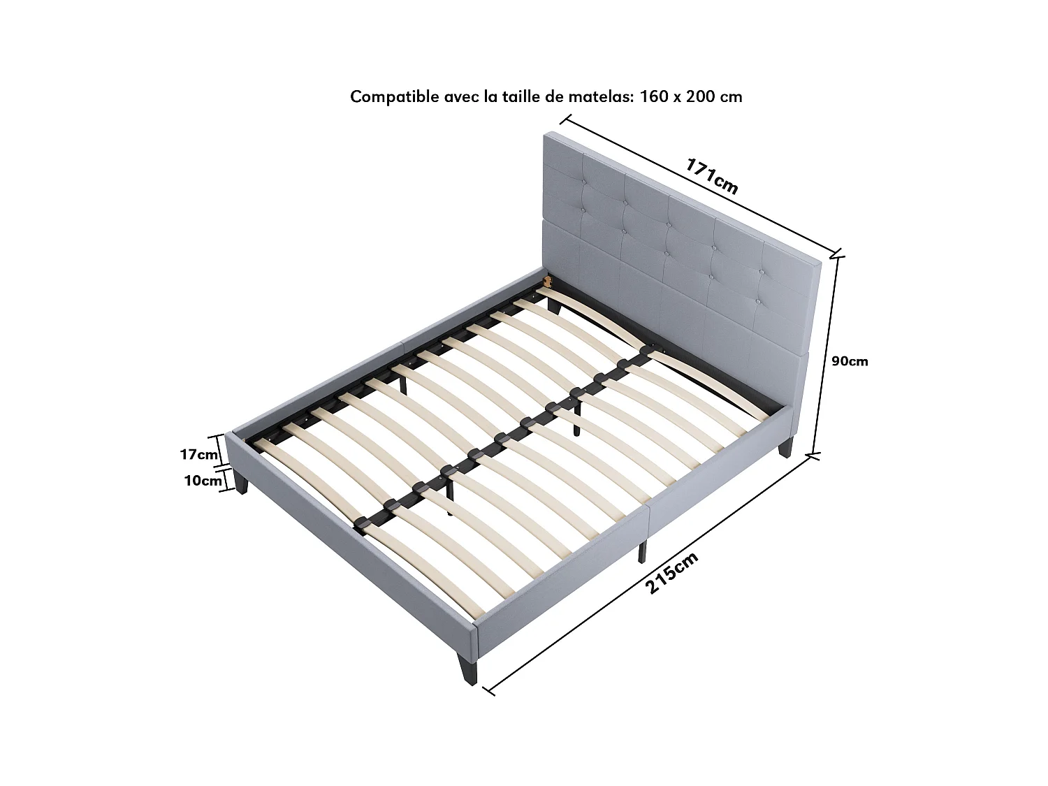 Ensemble matelas + lit 160x200 cm, matelas 28cm ressorts ensachés, accueil mousse, lit à tête de lit capitonnée similicuir gris