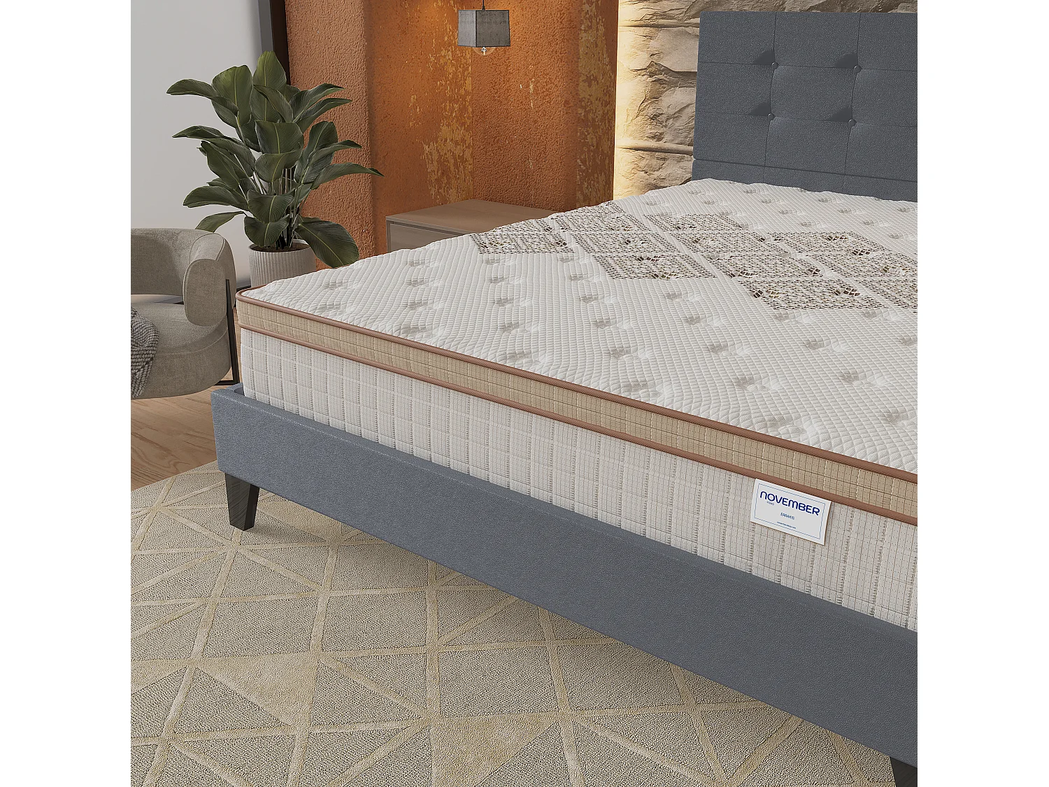 Ensemble matelas + lit 160x200 cm, matelas 28cm ressorts ensachés, accueil mousse, lit à tête de lit capitonnée similicuir gris