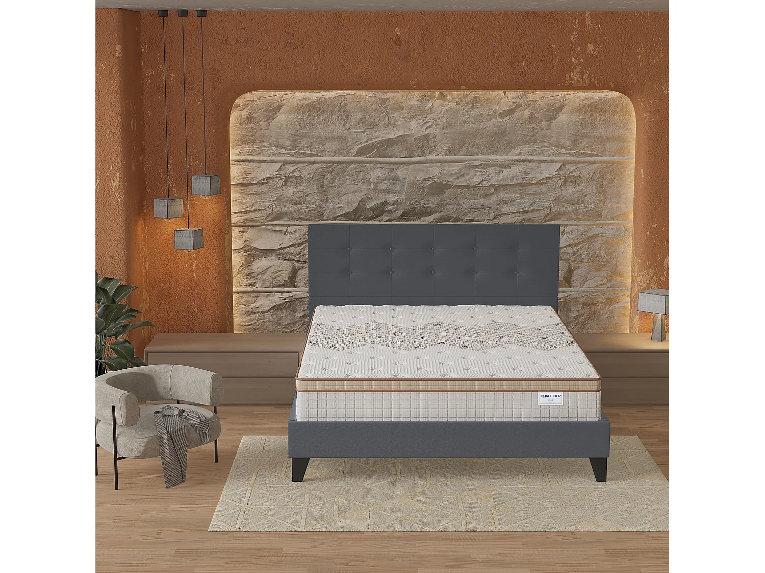 Ensemble matelas + lit 160x200 cm, matelas 28cm ressorts ensachés, accueil mousse, lit à tête de lit capitonnée similicuir gris