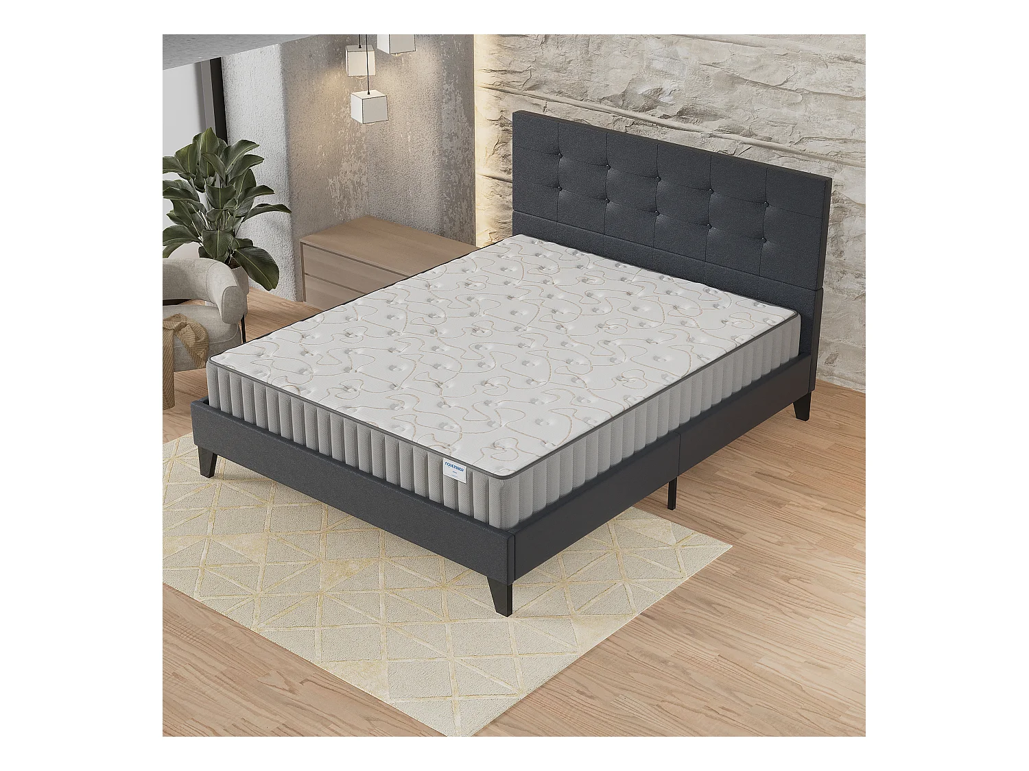 Ensemble Matelas + lit 160x200 cm, Matelas 16cm mousse + mémoire de forme, lit à tête de lit capitonnée similicuir noir
