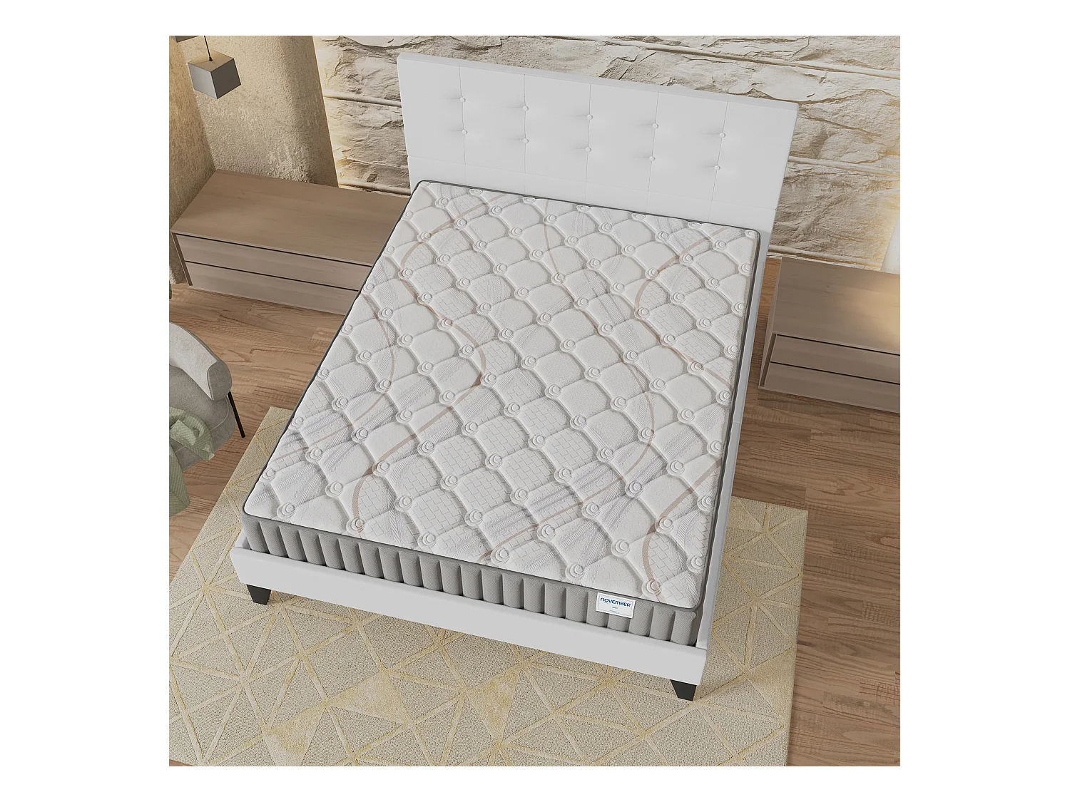 Ensemble matelas + lit 140x200 cm, matelas mousse accueil latex ép.22cm, lit à tête de lit capitonnée similicuir blanc