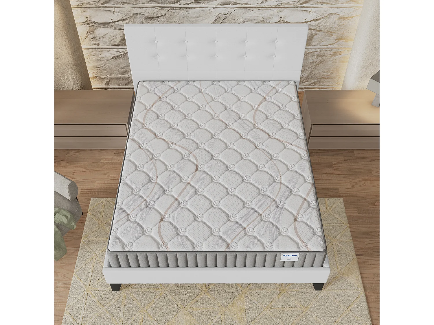 Ensemble matelas + lit 140x200 cm, matelas mousse accueil latex ép.22cm, lit à tête de lit capitonnée similicuir blanc