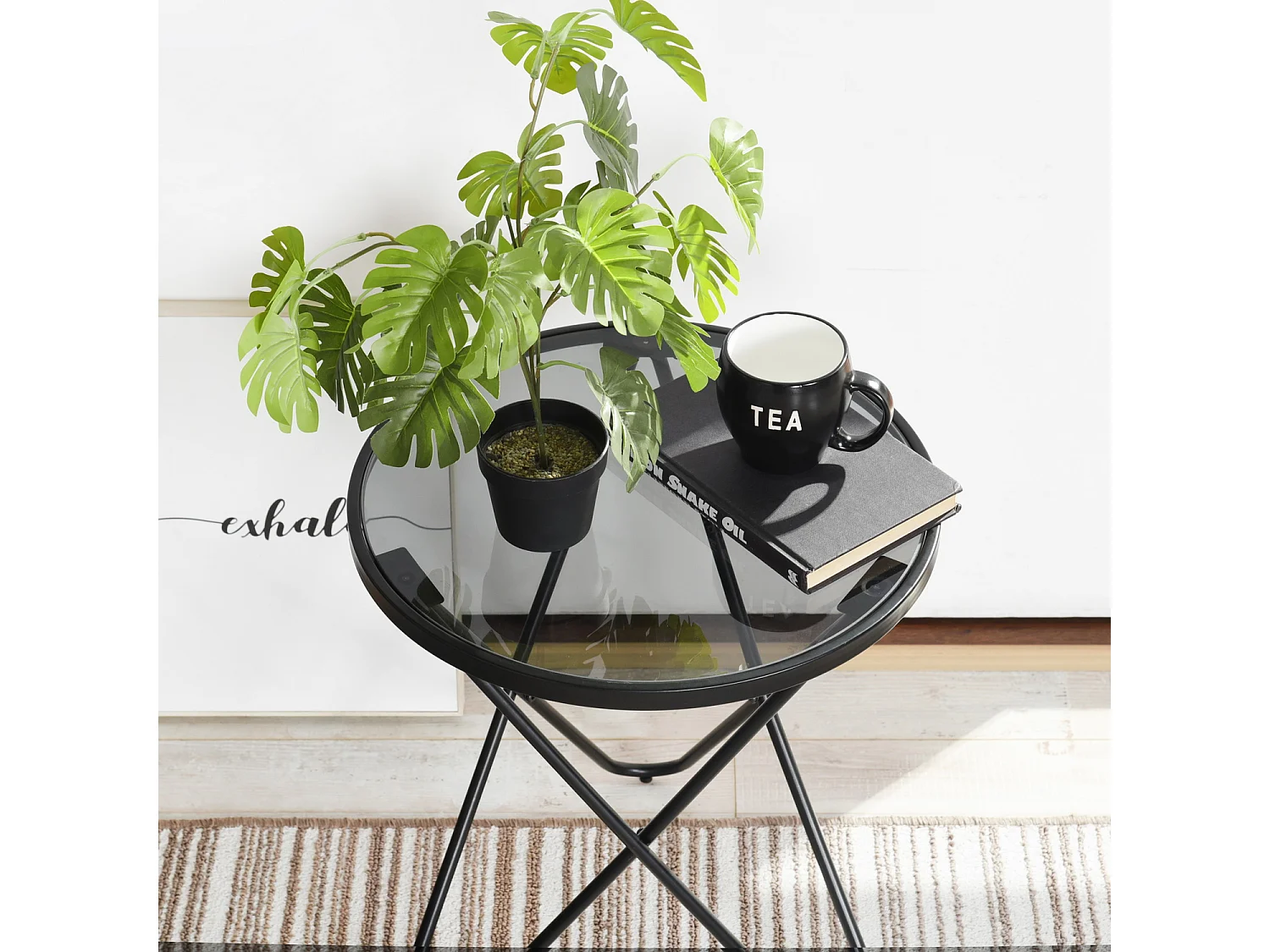 Tavolino rotondo in vetro temperato con gambe in metallo nero CANALES SMALL