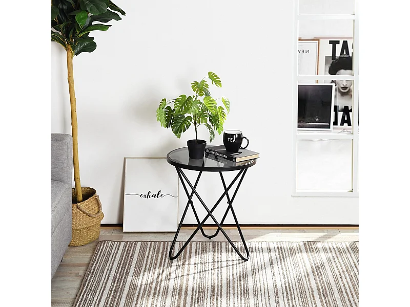 Tavolino rotondo in vetro temperato con gambe in metallo nero CANALES SMALL