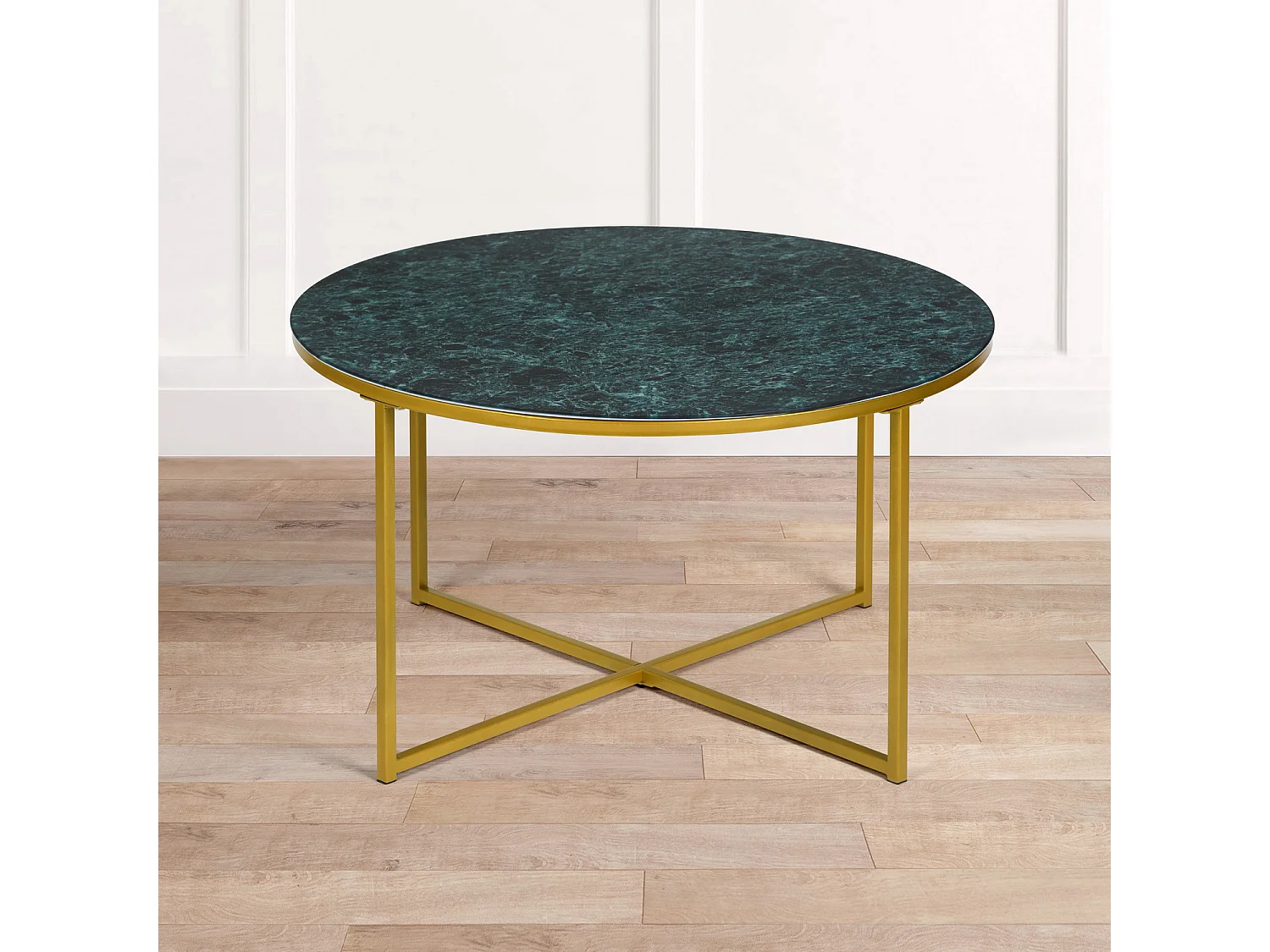 Table basse ronde en verre vert et métal dorée INMA GREEN
