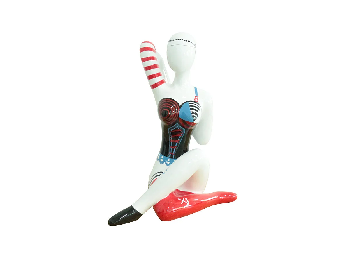 Statue femme assise avec corset rouge noir et bleu H54 cm - DAMA LACE