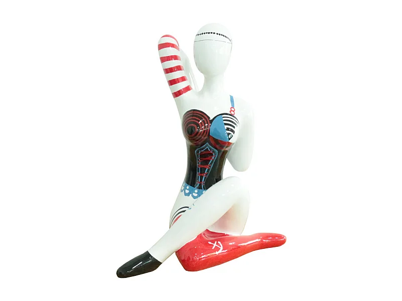 Statue femme assise avec corset rouge noir et bleu H54 cm - DAMA LACE