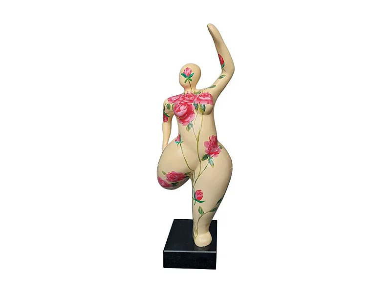 Statue femme jambe pliée beige avec fleurs roses H60 cm - LADY ROSE