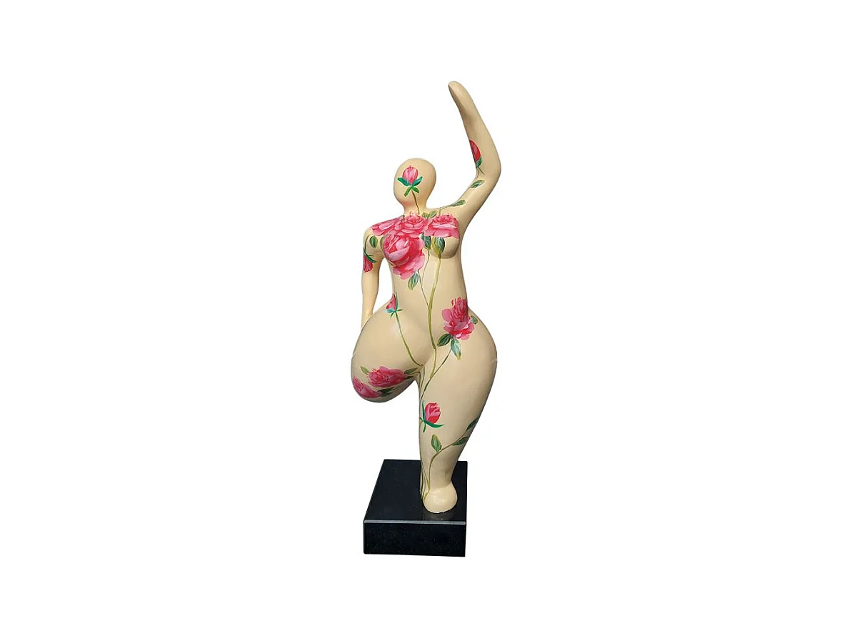 Statue femme jambe pliée beige avec fleurs roses H60 cm - LADY ROSE