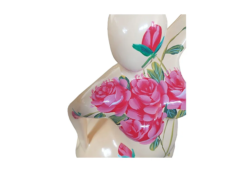 Statue femme jambe pliée beige avec fleurs roses H60 cm - LADY ROSE
