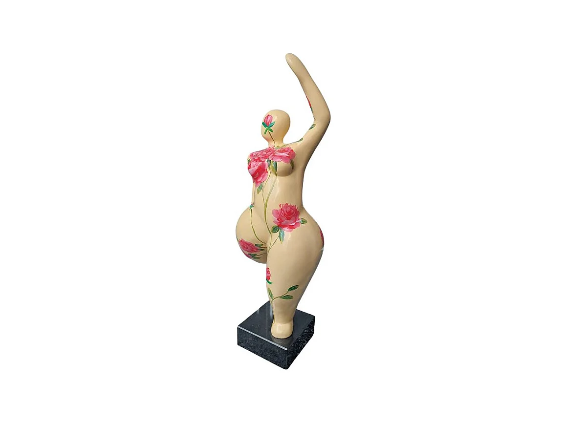 Statue femme jambe pliée beige avec fleurs roses H60 cm - LADY ROSE