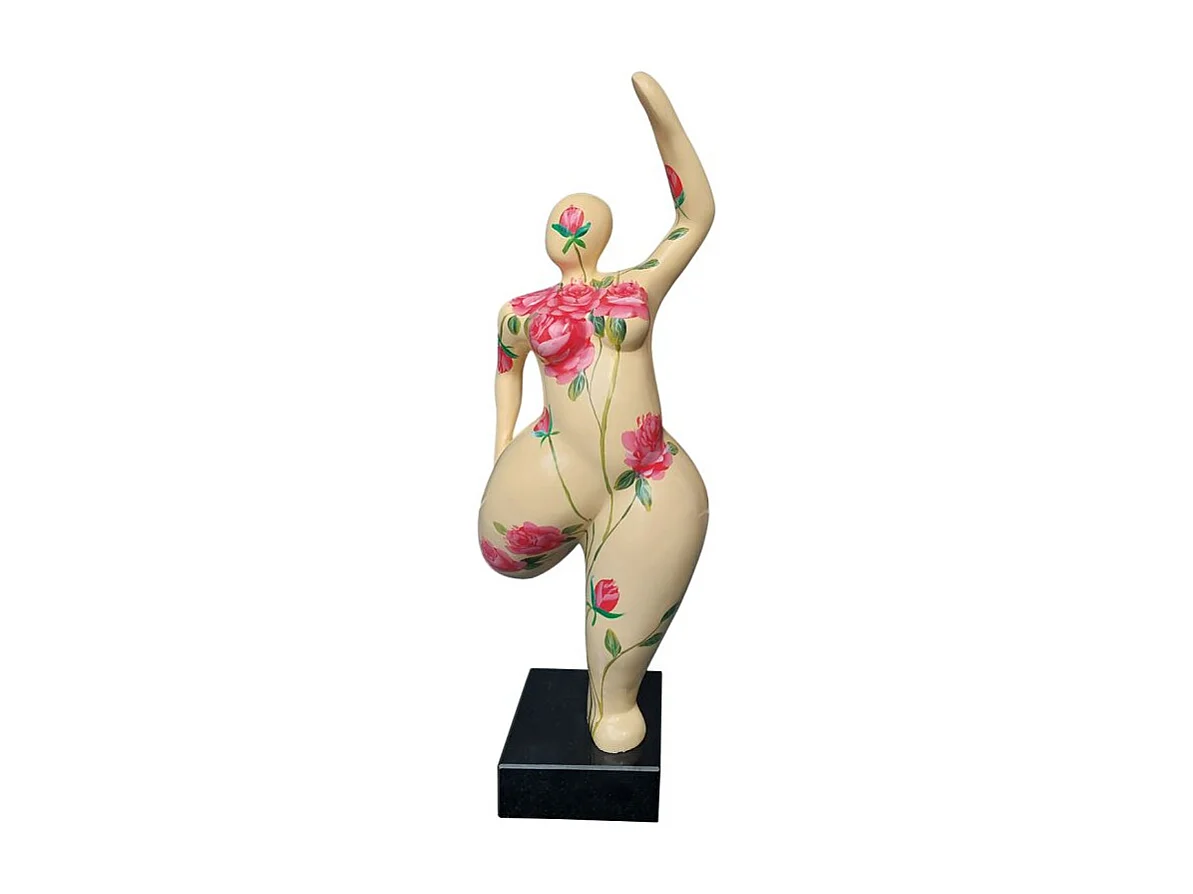 Statue femme jambe pliée beige avec fleurs roses H60 cm - LADY ROSE