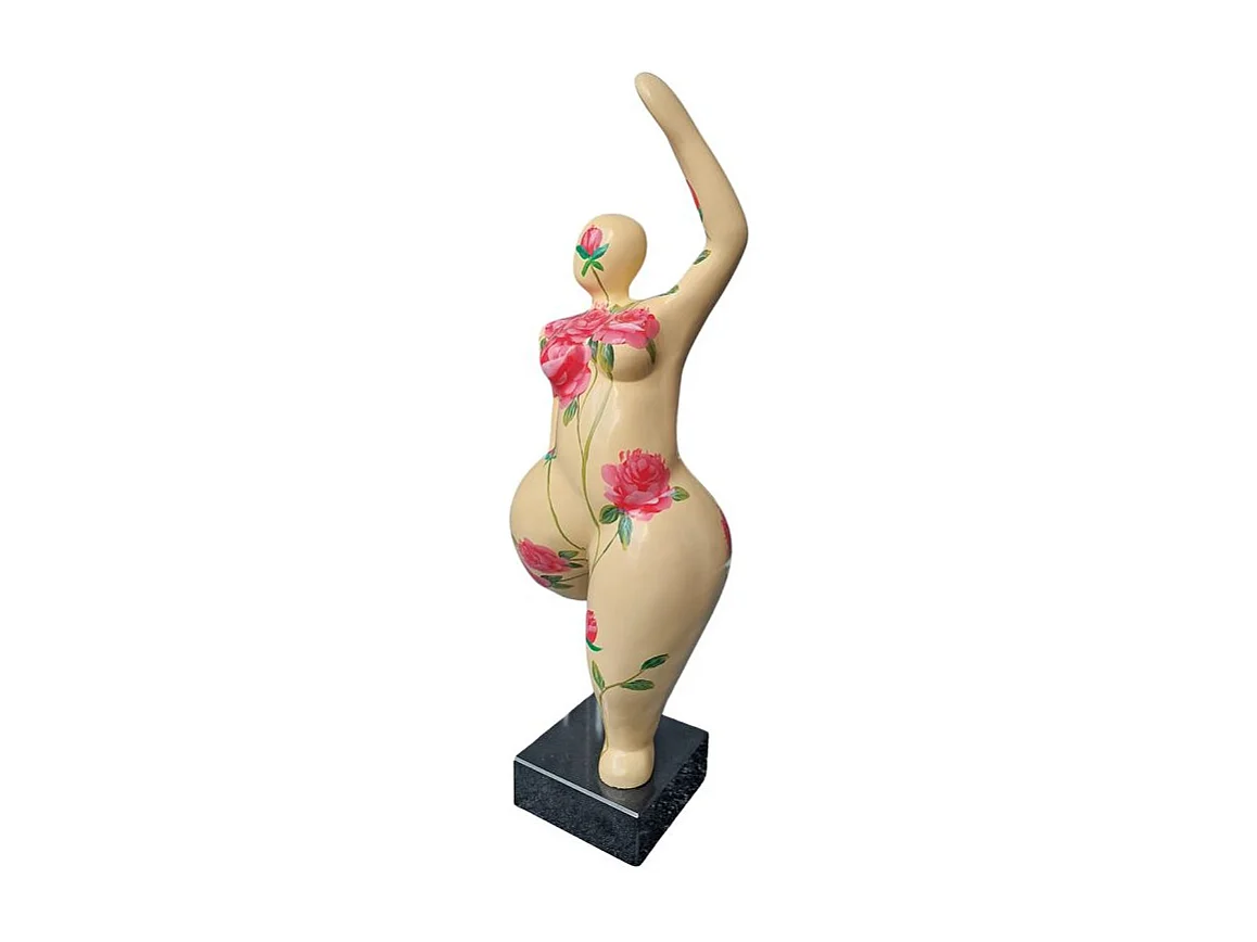 Statue femme jambe pliée beige avec fleurs roses H60 cm - LADY ROSE