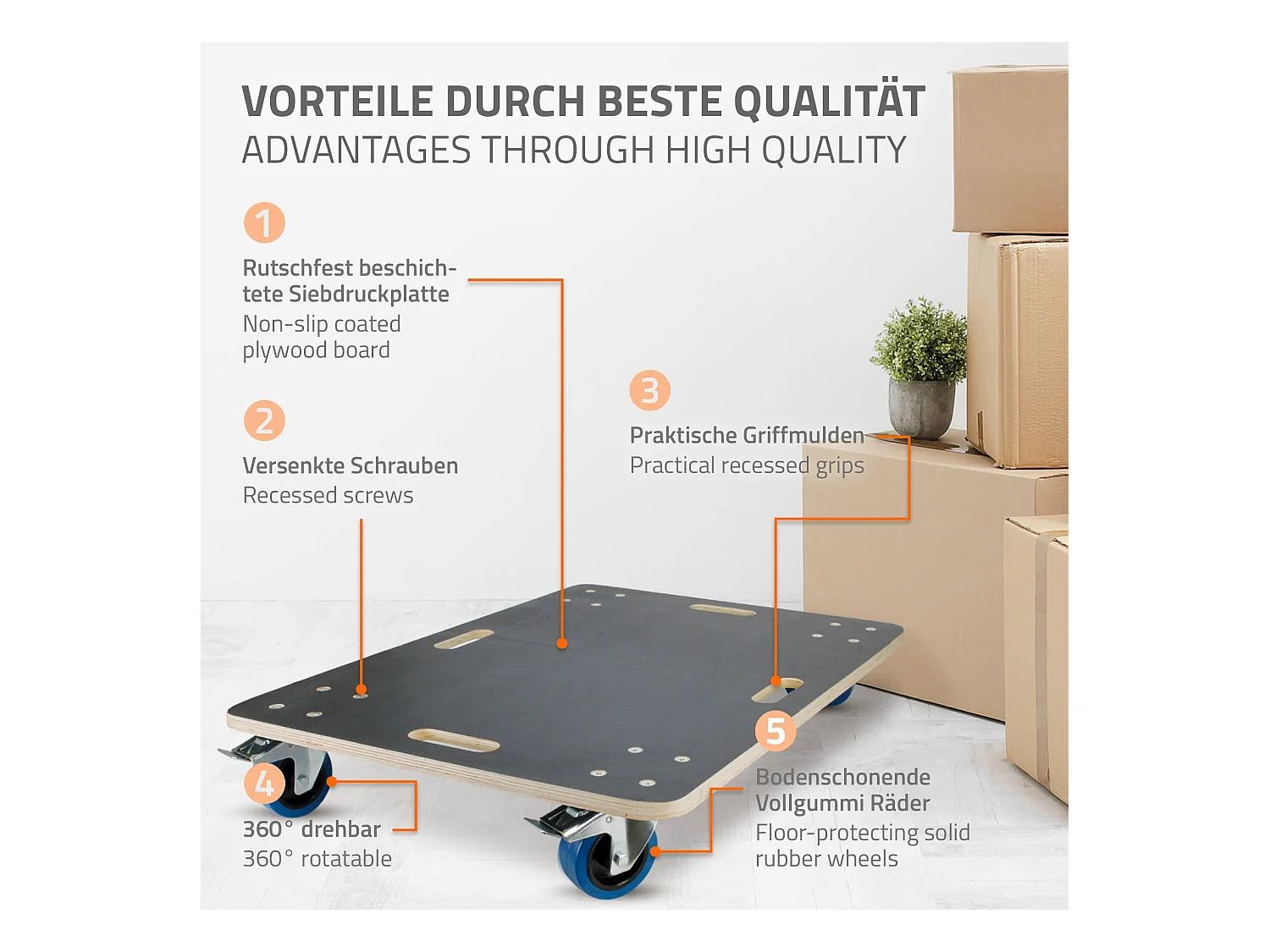 ECD Germany Carrello trasporto mobili ed elettrodomestici 60x80 cm 800 kg piattaforma girevole con 2 ruote con freni in gomma base mobile per trasloco