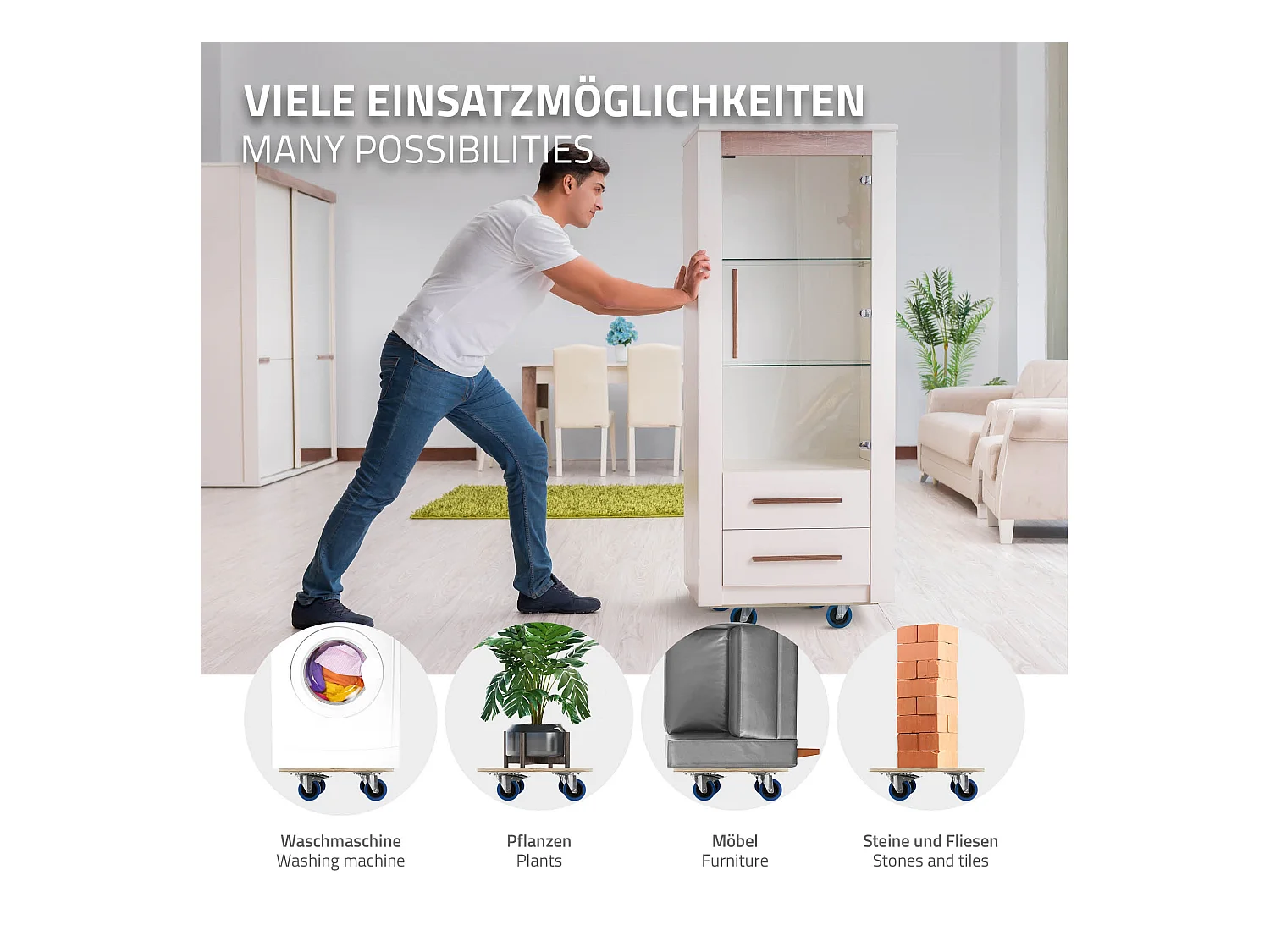 ECD Germany Carrello trasporto mobili ed elettrodomestici 60x80 cm 800 kg piattaforma girevole con 2 ruote con freni in gomma base mobile per trasloco