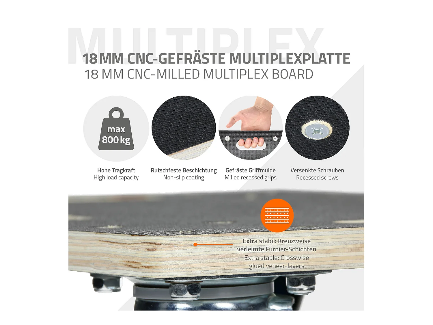 ECD Germany Carrello trasporto mobili ed elettrodomestici 60x80 cm 800 kg piattaforma girevole con 2 ruote con freni in gomma base mobile per trasloco