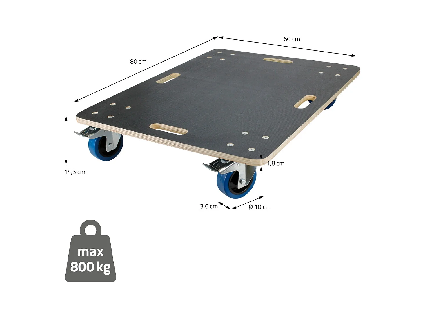 ECD Germany Carrello trasporto mobili ed elettrodomestici 60x80 cm 800 kg piattaforma girevole con 2 ruote con freni in gomma base mobile per trasloco